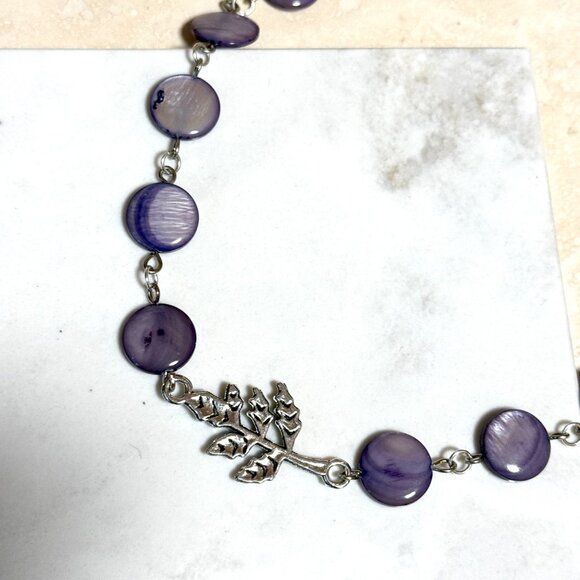 Purple Mother of Pearl Beaded Short Necklace + Silver Leaf Branch Pendant - Picture 5 of 12